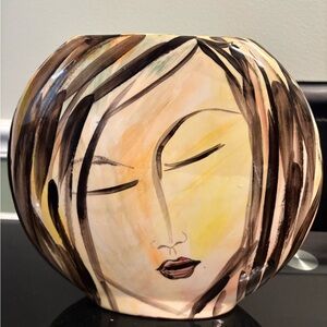 Ceramic modernist hand painted round vase woman face nudes art
